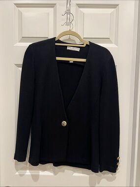 St. John Black Knit V-Neck One-Button Blazer with Gold Buttons